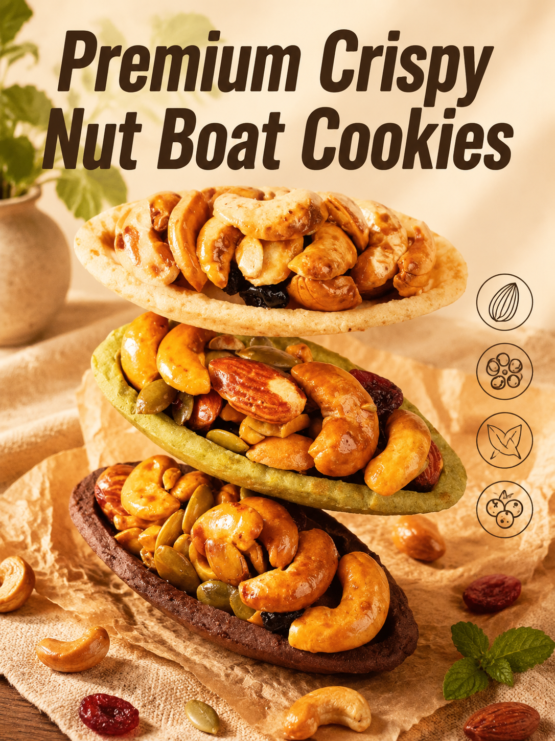 Crispy Nut Boat Cookies - Cashew & Almond Mixed Snack, Cocoa/Matcha/Original Flavor