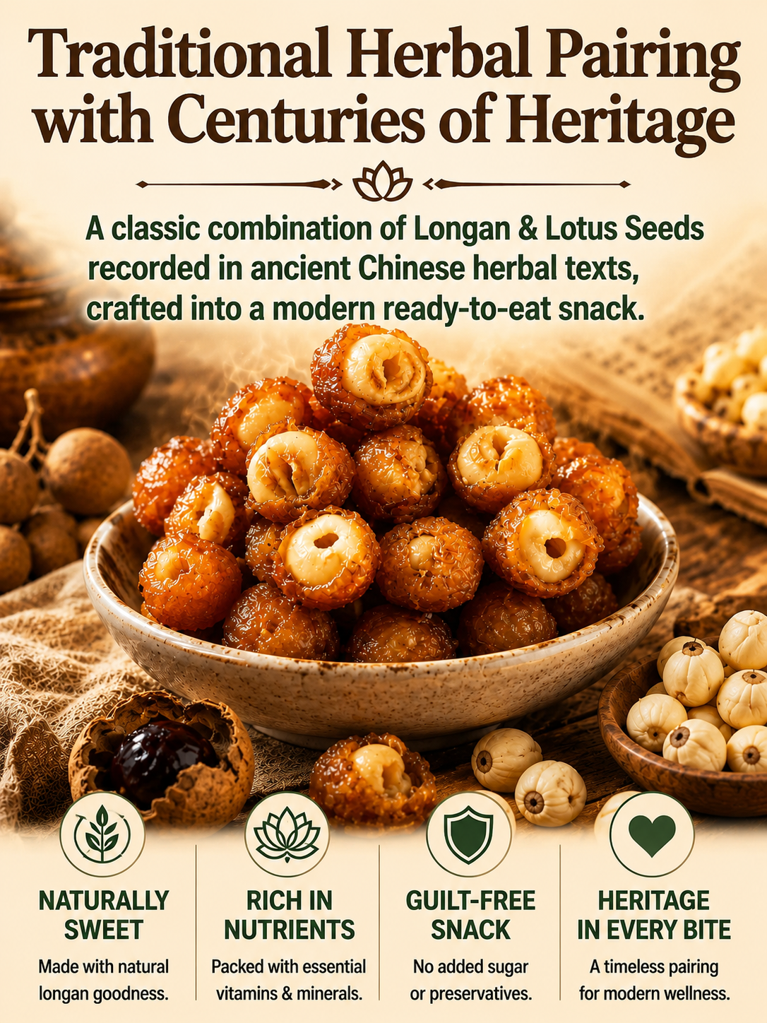 Longan Wrapped Lotus Seeds. Natural Ready-to-Eat Dried Fruit Snack for HeaIth & Relaxation